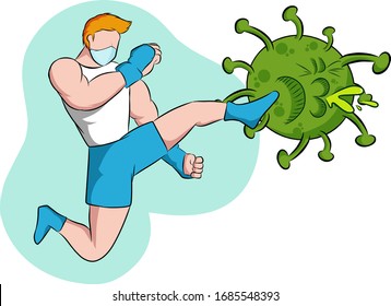 vector illustration of a person kicking an evil corona virus