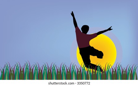 Vector illustration of person leaping in meadow at sunset.