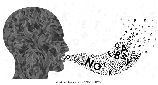 vector illustration of person and letters coming out of mouth for communication or translation concept