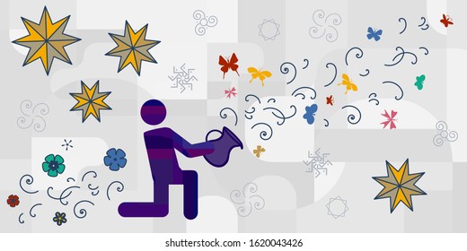 vector illustration of person letting go butterflies with star generosity spirituality symbols