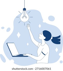 Vector illustration of a person lifting a light bulb from a laptop screen during a creative moment