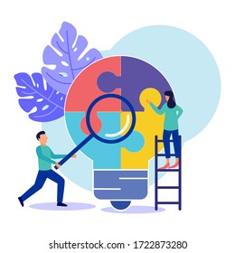 Vector illustration of a person with a light bulb puzzle, business concept. Team metaphors. 2 people making puzzles.
