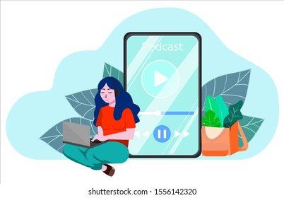 Vector illustration of person listening to podcast. Concept of modern media communication,podcasting. People listening to online stream set. New radio content