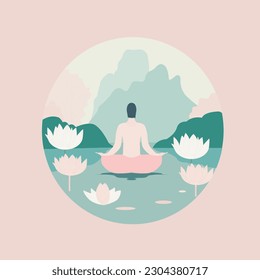 vector illustration of a person in lotus pose surrounded by nature. Calming pastel colors, minimalistic style. Ideal for promoting wellness, yoga, and meditation classes or articles.