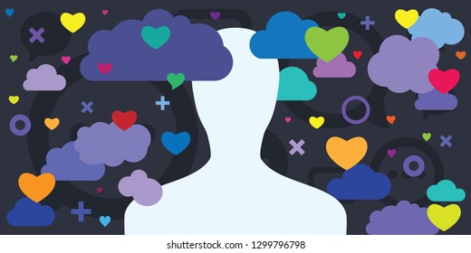 vector illustration of person in love with head in clouds and hearts for romantic greeting