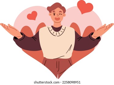 vector illustration person in love with open arms gesture, welcoming love, show love on valentine, sweet gesture, vector illustration isolated on white background