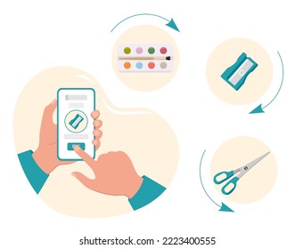 Vector illustration Person makes order and purchases of stationery for school by cell phone. Select products in e-shop. Online store with goods for training. E-commerce. Back to school