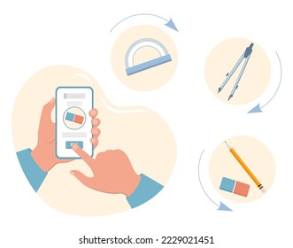 Vector illustration Person makes order and purchases of stationery for school by cell phone. Select products in e-shop. Online store with goods for training. E-commerce. Back to school