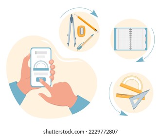 Vector illustration Person makes order and purchases of stationery for school by cell phone. Select products in e-shop. Online store with goods for training. E-commerce. Back to school