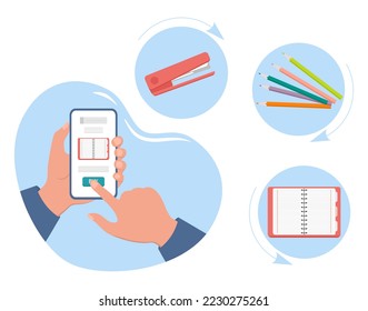 Ilustración vectorial Persona realiza pedidos y compras de papel para la escuela por teléfono móvil. Seleccione productos en e-shop. Tienda en línea con artículos para entrenamiento. Comercio electrónico. De vuelta a la escuela