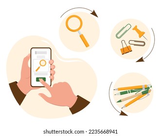 Vector illustration Person makes order and purchases of stationery for school by cell phone. Select products in e-shop. Online store with goods for training. E-commerce. Back to school