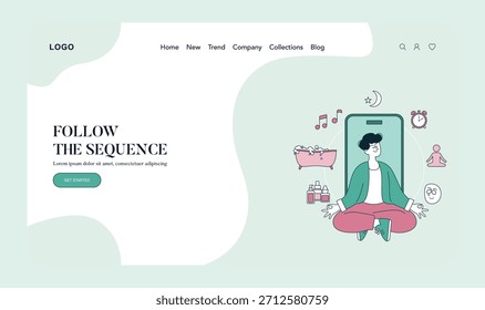 Vector illustration of a person meditating in front of a smartphone surrounded by icons representing relaxation and wellness. Elements include a bathtub, clock, and music notes, all contributing to a