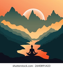 Vector illustration of a person meditating in lotus pose at sunset, surrounded by layered mountain peaks and a glowing river. The dramatic landscape and calm figure create a powerful scene of peace.