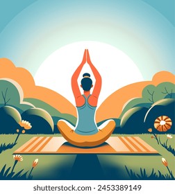 Ilustración vectorial de una persona meditando en una pose de yoga en un entorno natural tranquilo, encapsulando bienestar y tranquilidad