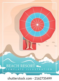 Vector illustration of a person on a deckchair under an umbrella at a beach summer resort, top view. Modern template design with text and objects.