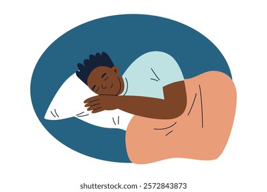 Vector illustration of person peacefully sleeping with pillow and blanket at night. Flat cartoon style, warm and cozy design perfect for themes of rest, comfort, health, and bedtime routines