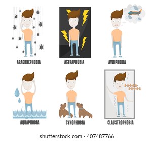 Vector illustration of a person with phobias - Arachnophobia, Astraphobia, Claustrophobia, Cynophobia, Aquaphobia. The most popular phobias and fears