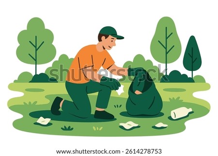Vector illustration of a person picking up trash in a park setting, created in a flat vector art style