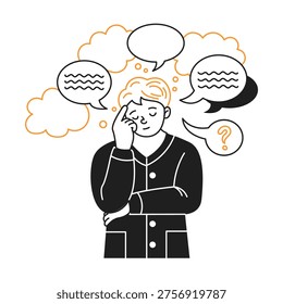 Vector illustration of a person pondering. Surrounded by various speech bubbles. Line art style with orange and black accents. Illustrates brainstorming or decisionmaking.