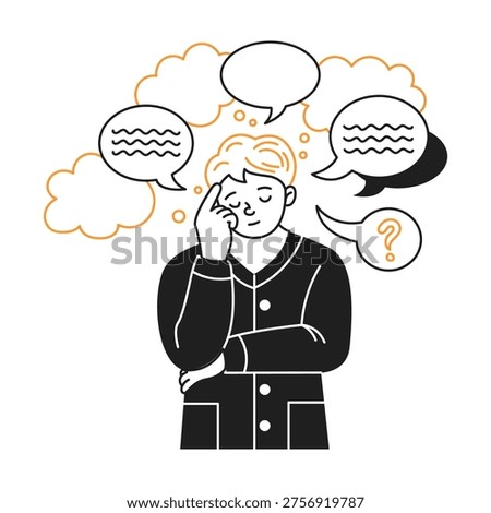 Vector illustration of a person pondering. Surrounded by various speech bubbles. Line art style with orange and black accents. Illustrates brainstorming or decisionmaking.