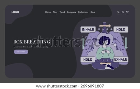 Vector illustration of a person practicing box breathing technique with labeled inhale, hold, and exhale steps. Calming and instructional design ideal for mindfulness presentations.