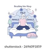 Vector illustration of a person practicing meditation for better sleep with breathing instructions. The calming scene shows a relaxed individual sitting on a bed with a peaceful expression.
