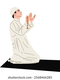 A vector illustration of a person praying in a serene and peaceful setting, symbolizing devotion, spirituality, and faith, perfect for themes of religion, meditation, and cultural practices.