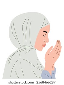 A vector illustration of a person praying in a serene and peaceful setting, symbolizing devotion, spirituality, and faith, perfect for themes of religion, meditation, and cultural practices.