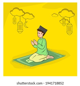 Vector illustration of a person praying while wearing a skullcap and kneeling on prayer mat on an orange background