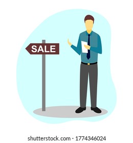 Vector illustration of a person presenting an item to sell. Showing direction.