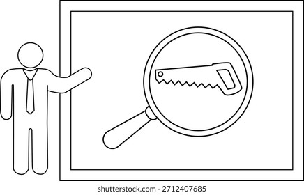 Ilustração vetorial de uma pessoa apresentando uma lupa com foco em um ícone de serra.