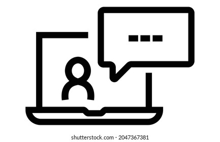 Vector illustration of a person presenting their ideas virtually as seen from a black and white laptop. Monoline drawing style.