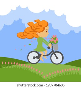 Vector illustration of a person in profile with day red hair in a green dress with a bouquet of pink tulips on a background of blue sky and flowering meadows.