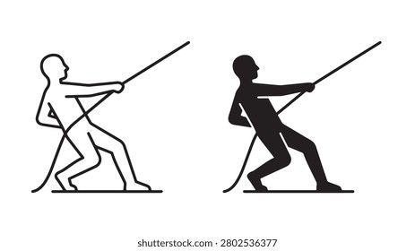 Vector illustration of a person pulling a rope, depicted in both outline and solid black styles, representing physical effort, teamwork, or tug of war.