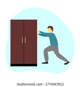 Vector illustration of a person pushing a closet.