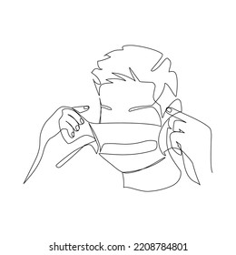 Vector illustration of a person putting on a mask drawn in line-art style