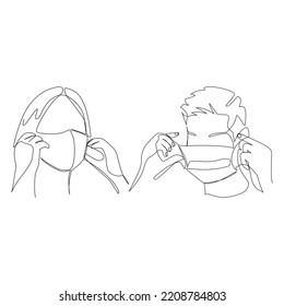 Ilustración vectorial de una persona que pone una máscara dibujada al estilo de arte de línea