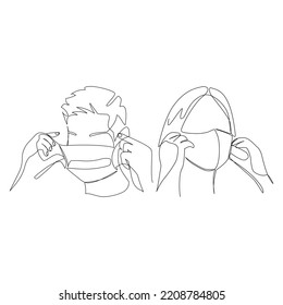 Vector illustration of a person putting on a mask drawn in line-art style