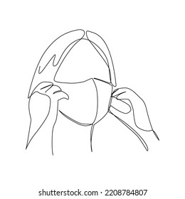 Vector illustration of a person putting on a mask drawn in line-art style