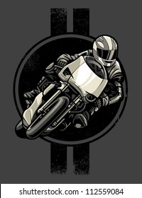 vector illustration of a person racing a sport motorcycle in front of a lightly distressed retro pinstripe and circles design.