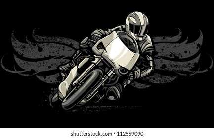 Vector illustration of a person racing a sport motorcycle in front of a pair of bold wings distressed with a mix of grunge and paint splatter textures.