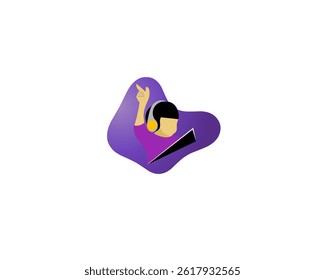 Vector illustration of a person raising hand to ask a question, symbolizing curiosity, communication, and learning. Minimalist design with purple gradient background