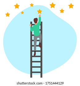 Vector illustration of a person reaching for a star. Chasing dreams as high as stars.
