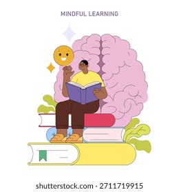 Vector illustration of a person reading on books with a large brain in the background. The scene represents mindful learning, with a focus on education and concentration.