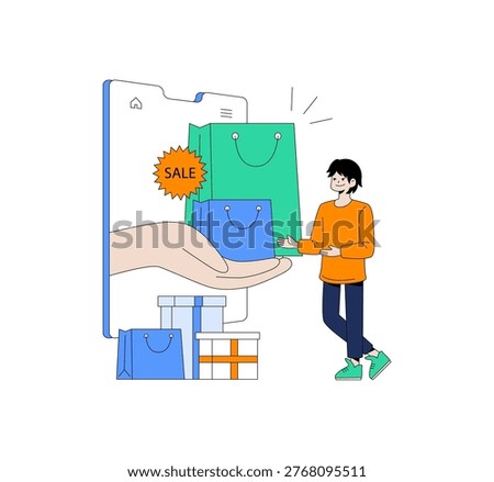 Vector illustration of a person receiving shopping bags from a smartphone, depicting online shopping and sales. The scene highlights the excitement of digital purchasing experiences.