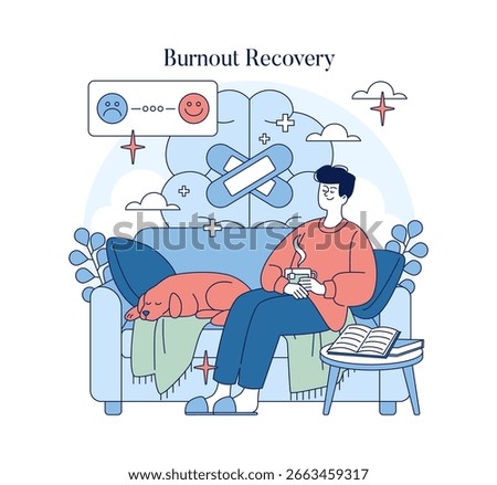 Vector illustration of a person relaxing on a couch with a cup of coffee, accompanied by a sleeping pet dog, symbolizing recovery from burnout. The scene conveys comfort and healing.