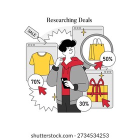 Vector illustration of a person researching online shopping deals using a smartphone. Various discount percentages are displayed, highlighting sales on clothing, bags, and gifts.