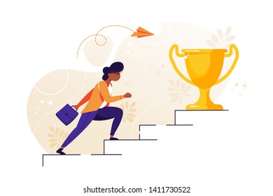 Vector illustration, person run to their goal on the stairs, move up motivation, the path to the target's achievement