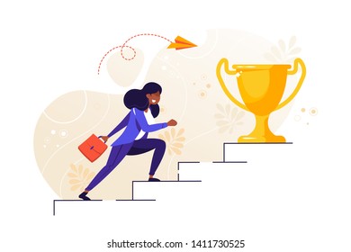 Vector illustration, person run to their goal on the stairs, move up motivation, the path to the target's achievement