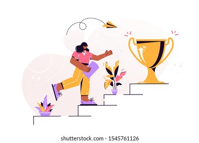 Vector illustration, person run to their goal on the stairs, move up motivation, the path to the target's achievement